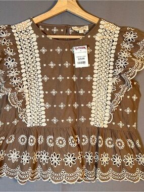 Jennifer & Grace Brown Eyelet Embroidered with Cream Lace Trim Top Cap Sleeves